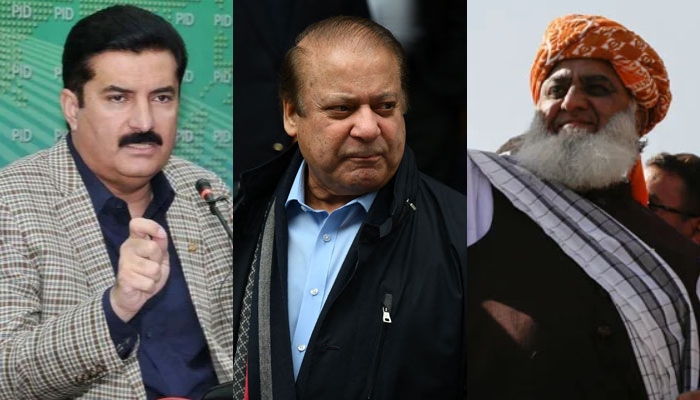 Pakistan Peoples Party (PPP) leader Faisal Karim Kundi (left), Pakistan Muslim League-Nawaz (PML-N) supremo Nawaz Sharif and Jamiat Ulema-e-Islam (JUI-F) chief Maulana Fazlur Rehman. — APP/AFP/Reuters