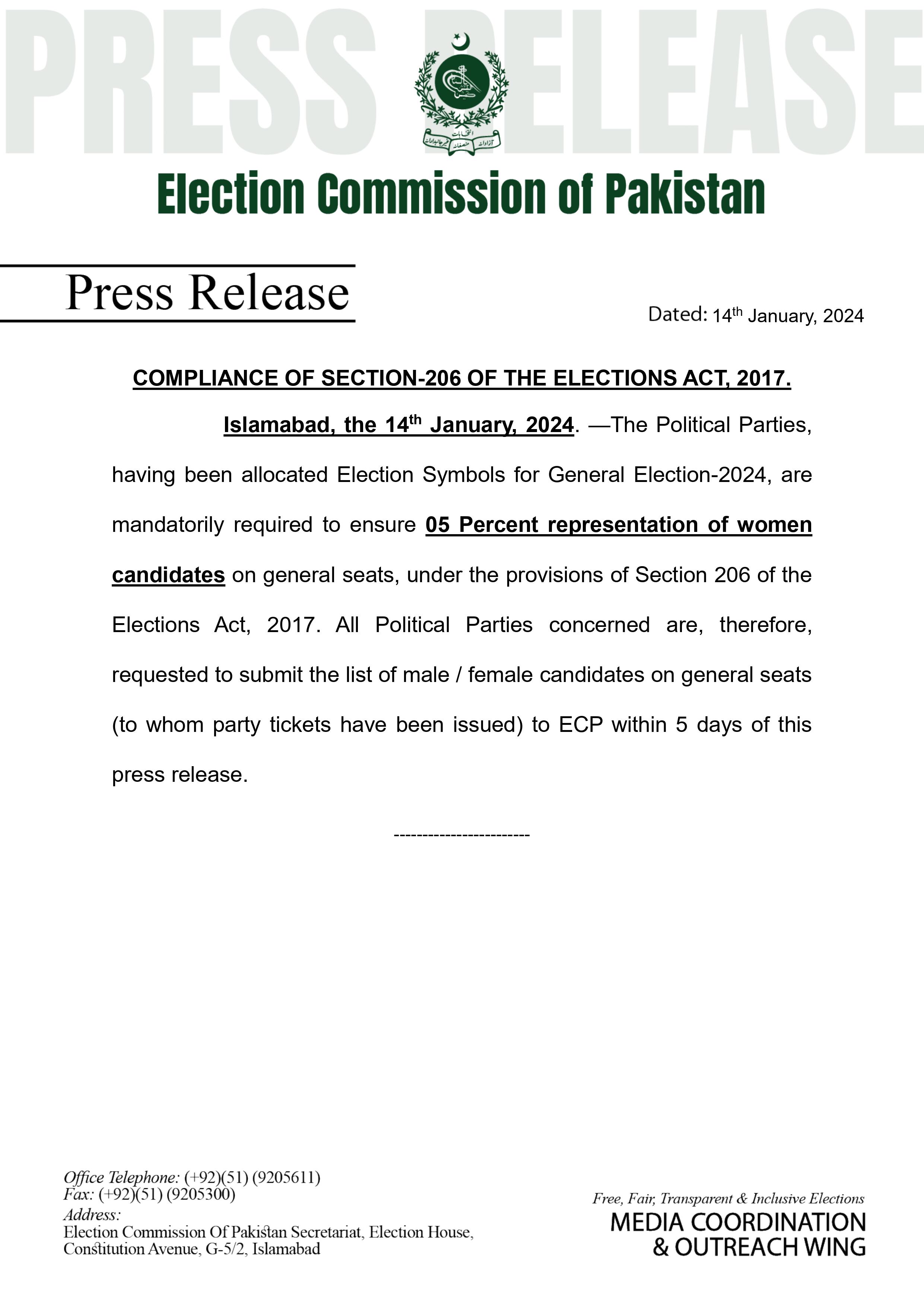 Copy of the election commission’s order in which political parties with election symbols are called upon to submit lists of male and female candidates. — ECP