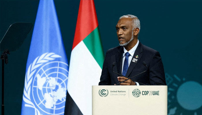 President of the Maldives Mohamed Muizzu delivers a national statement at the World Climate Action Summit during the United Nations Climate Change Conference (COP28) in Dubai, United Arab Emirates, December 1, 2023.—Reuters