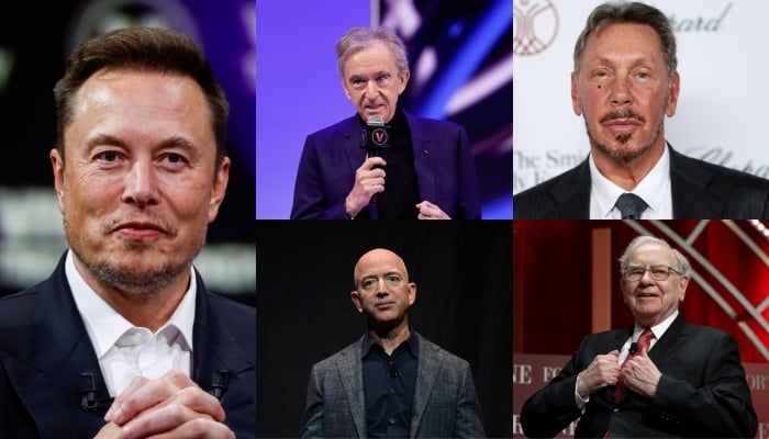 (From left to right) Elon Musk, Bernard Arnault, Jeff Bezos, Larry Ellison and Warren Buffett. — Reuters/File