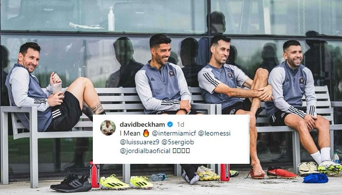 Inter Miami players  Lionel Messi, Luis Suárez, Sergio Busquets, and Jordi Alba sit next to each other during pre-season training on January 13, 2024. — Instagram/@davidbeckham