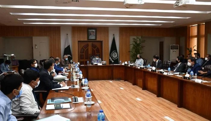 A meeting underway at the Election Commission of Pakistans office in Islamabad, on June 2, 2021. — ECP