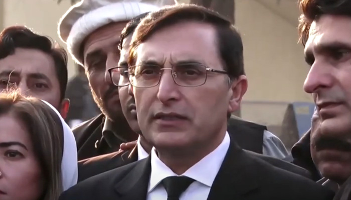PTI leader Gohar Khan talks to the media in Rawalpindi on January 15, 2024, in this still taken from a video. — Geo News