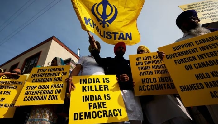 Demonstrators gather across from the High Commission of India in Ottawa, Ontario, Canada, on September 25, 2023. —REUTERS