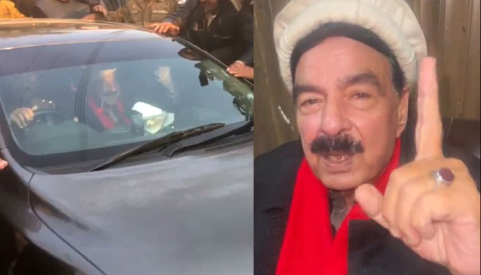 Police officials escort Sheikh Rashid (left) and he speaks after being arrested in these stills taken from separate videos in Rawalpindi, on January 16, 2024. — Geo News