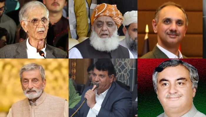 (left to right): PTI-P Chairman Pervez Khattak, JUI-F chief Maulana Fazlur Rehman, PTI leader Omar Ayub Khan, ANP leader Ghulam Ahmad Bilour, PML-N leader Amir Muqam and PPPs Arbab Alamgir Khan. — PPI/Online/X/Facebook