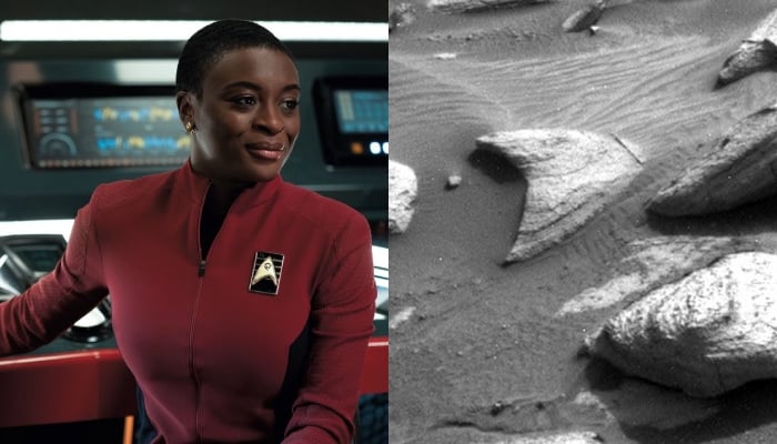 This combination of images shows a Starfleet communicator badge worn by Nyota Uhura who played the role of Lieutenant Celia Rose-Gooding in the movie Star Trek: Strange New Worlds and a rock on Mars. — Star Trek Explorer/Nasa