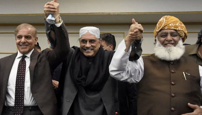 PML-N PresidentShehbaz Sharif (left), PPPP Chairman Asif Ali Zardari and JUI-F chief Maulana Fazlur Rehman. — X/Haiderri_tweets