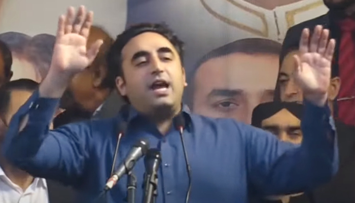 PPP Chairman Bilawal Bhutto-Zardari addresses a public gathering in Shahdadkot, Sindh on January 17, 2024, in this photo taken from a video. — Geo News