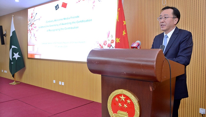 Chinese Consul General Yang Yundong is addressing a ceremony of awarding the certification to media friends at the Consulate General of China in Karachi. —APP