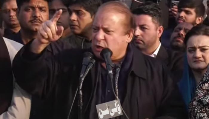 PML-N supremo Nawaz Sharif addresses the election rally in Hafizabad, Punjab on January 18, 2024, in this photo taken from video. — PTV News