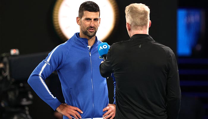 Serbia’s Novak Djokovic talks to media after winning against Australia’s Alexei Popyrin during their men’s singles match on day four of the Australian Open tennis tournament in Melbourne on January 17, 2024. — AFP
