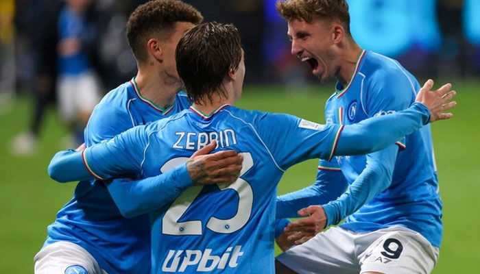 Napoli’s Italian forward Alessio Zerbin celebrates his goal with his team during their Italian Super Cup semifinal match against Fiorentina at Al-Awwal Park Stadium in Riyadh, on Jan. 18, 2024. — AFP
