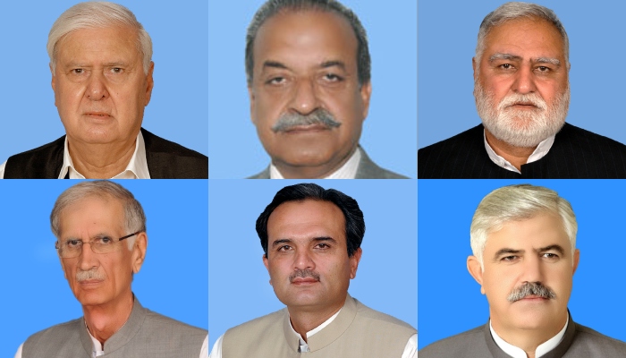 (left to right) Former chief ministers of Khyber Pakhtunkhwa Aftab Ahmad Khan Sherpao, Sardar Mehtab Ahmed Khan, Akram Khan Durrani, Pervez Khattak, Amir Haider Khan and Mahmood Khan. — NA and KP assembly websites