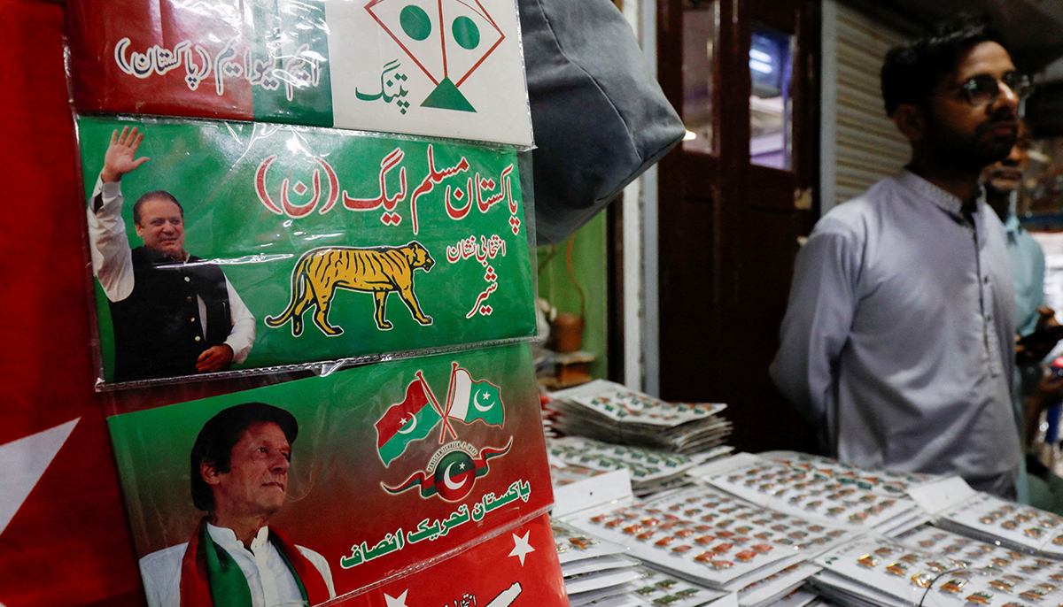 Stickers badges, to be used for campaigns of political parties, on display for sale at a shop ahead of general elections in Karachi, Pakistan January 18, 2024. — Reuters