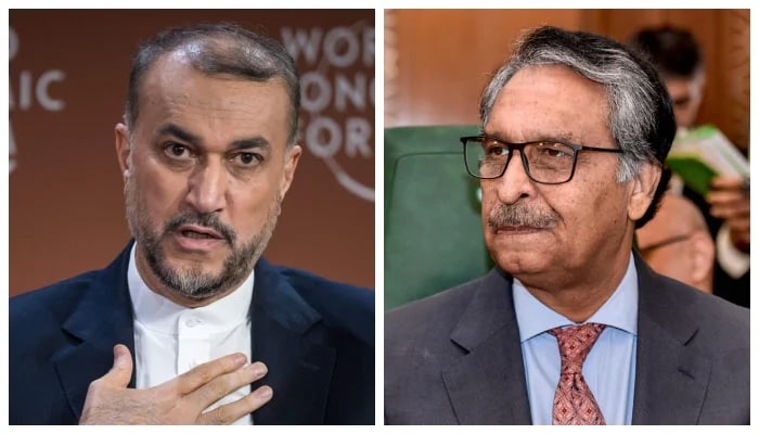 Caretaker Foreign Minister Jalil Abbas Jilani (right) and Iranian Foreign Minister Hossein Amir-Abdollahian. — AFP