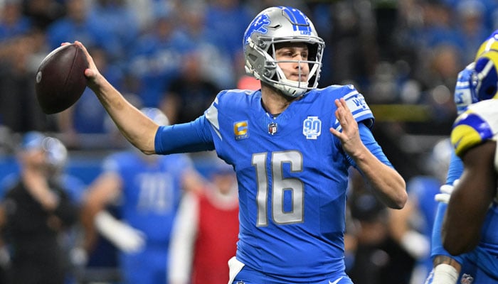 Detroit Lions quarterback Jared Goff (16) throws during the second half of a 2024 NFC wild-card game against the Los Angeles Rams at Ford Field in Detroit, Michigan, US on January 14, 2024. — Reuters