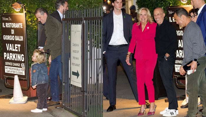 This combination of images shows Hunter Biden with his son Beau (left) and First Lady Jill Biden with US President Joe Bidens campaign co-chairman Jeffrey Katzenberg at Giorgio Baldi in Santa Monica, California, US on January 18, 2024. — Splash News