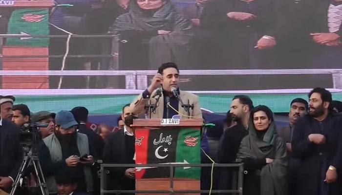 PPP Chairman Bilawal Bhutto-Zardari addresses the election rally in Punjabs Kot Addu on January 20, 2024, in this photo taken from video. — PTV News