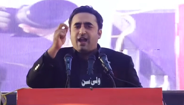 PPP Chairman Bilawal Bhutto-Zardari addresses the election rally in Lahore on January 21, 2024, in this photo taken from video. — PTV News