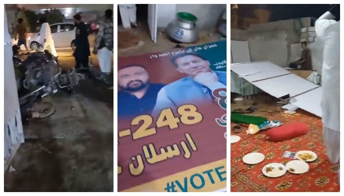 (Left to right) Bikes thrown on the ground, a poster showing PTI-backed candidate Arsalan Khalid along with a picture of Imran Khan, and post-attack situation of the party’s event, in these stills taken from a video, on January 21, 2024, in Karachi. — X/PTIOfficial