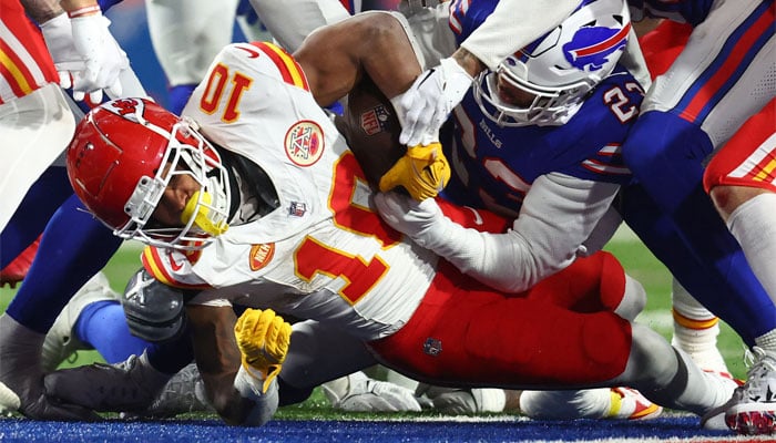 Kansas City Chiefs running back Isiah Pacheco (10) rushes for a touchdown against the Buffalo Bills during the second half for the 2024 AFC divisional round game at Highmark Stadium, Orchard Park, New York, US on January 21, 2024. — Reuters