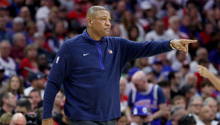 Head Coach Doc Rivers of the Philadelphia 76ers points against the Boston Celtics during the first quarter in game six of the Eastern Conference Semifinals in the 2023 NBA Playoffs at Wells Fargo Center on May 11, 2023. — AFP