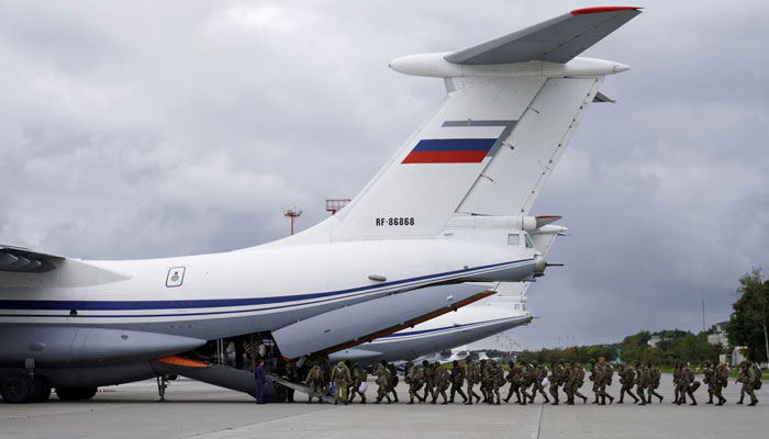Russian paratroopers board an Ilyushin Il-76 transport plane as they take part in the military exercises in Kaliningrad Region, Russia, September 13, 2021. — Reuters
