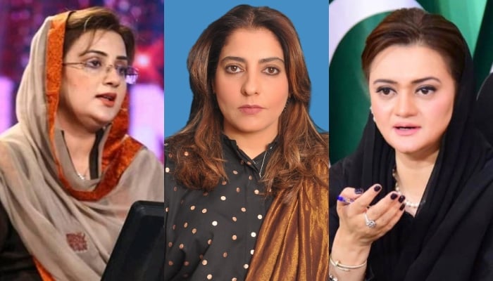 PML-N politician Uzma Bukhari (left), PPP leader Palwasha Khan and PML-N leader Marriyum Aurangzeb. — APP/Senate of Pakistan/File