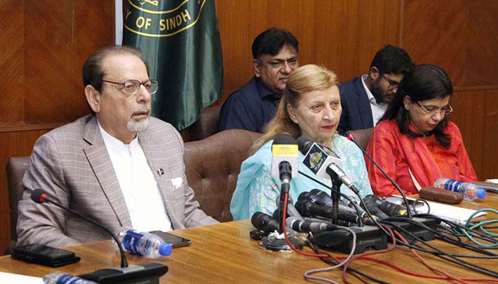 The image released on Dec 11, 2023 shows caretaker Sindh Information, Minorities Affairs Minister Ahmed Shah and caretaker Education Minister Rana Hussain addressing a press conference at Sindh Assembly. — APP