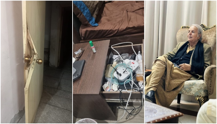 The picture on the left shows a broken door and centre shows ruffled up drawer at Javed Hashmis house in Multan on January 25, 2024. While the picture on the right shows Javed sitting on a sofa. —Javed Hashmi/X/ Facebook