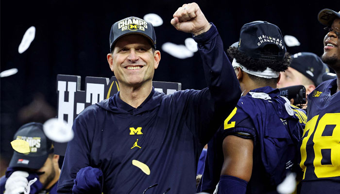 Michigan Wolverines ex-head coach Jim Harbaugh celebrates after beating the Washington Huskies in the 2024 College Football Playoff national championship game at NRG Stadium in Houston, Texas, US on January 8, 2024. — Reuters