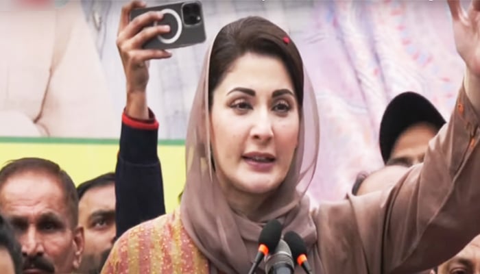 Pakistan Muslim League-Nawaz (PML-N) Senior Vice-President Maryam Nawaz addresses a rally in Lahore on January 25, 2024, in this still taken from a video. — YouTube/GeoNews
