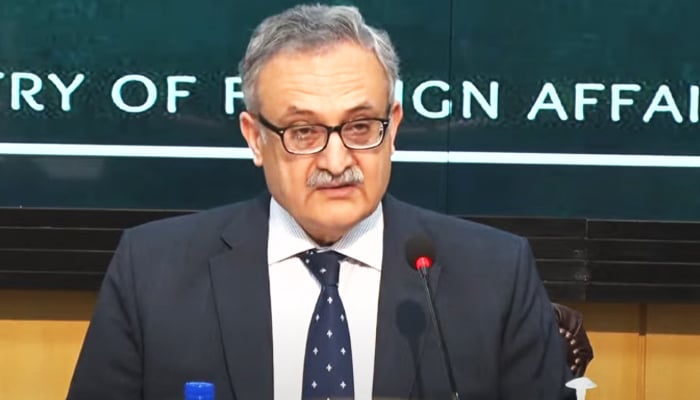 Foreign Secretary Syrus Sajjad Qazi addressing a press conference in Islamabad, on January 25, 2024, in this still taken from a video. — YouTube/GeoNews