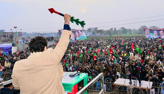 In this image released on Jan 25, 2024, PPP Chairman Bilawal Bhutto-Zardari is seen addressing an election public gathering in Gujrat. — x/BBhuttoZardari