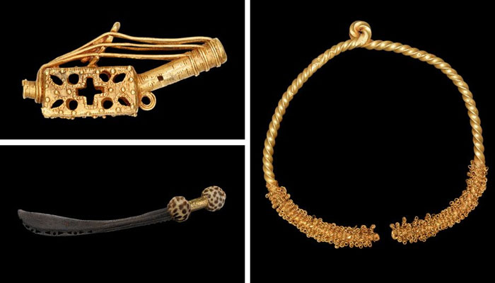 A gold model harp (top left) was given to the British Museum in the early 19th Century. But the gold torc (right) and sword of state were among the looted artefacts. — BBC