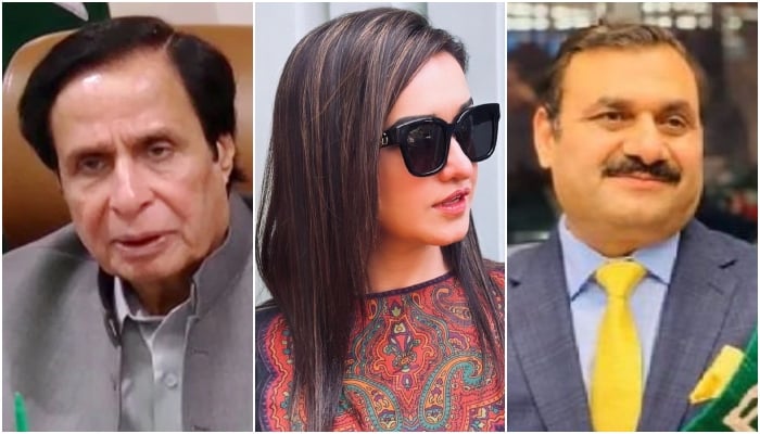 Right to left: PTI leaders Parvez Elahi, Sanam Javaid and Shaukat Basra. — Radio Pakistan/Instagram/X/File