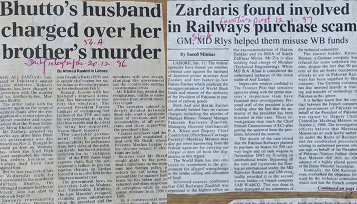 Newspaper cutting of reports of cases against Asif Ali Zardari. — The News