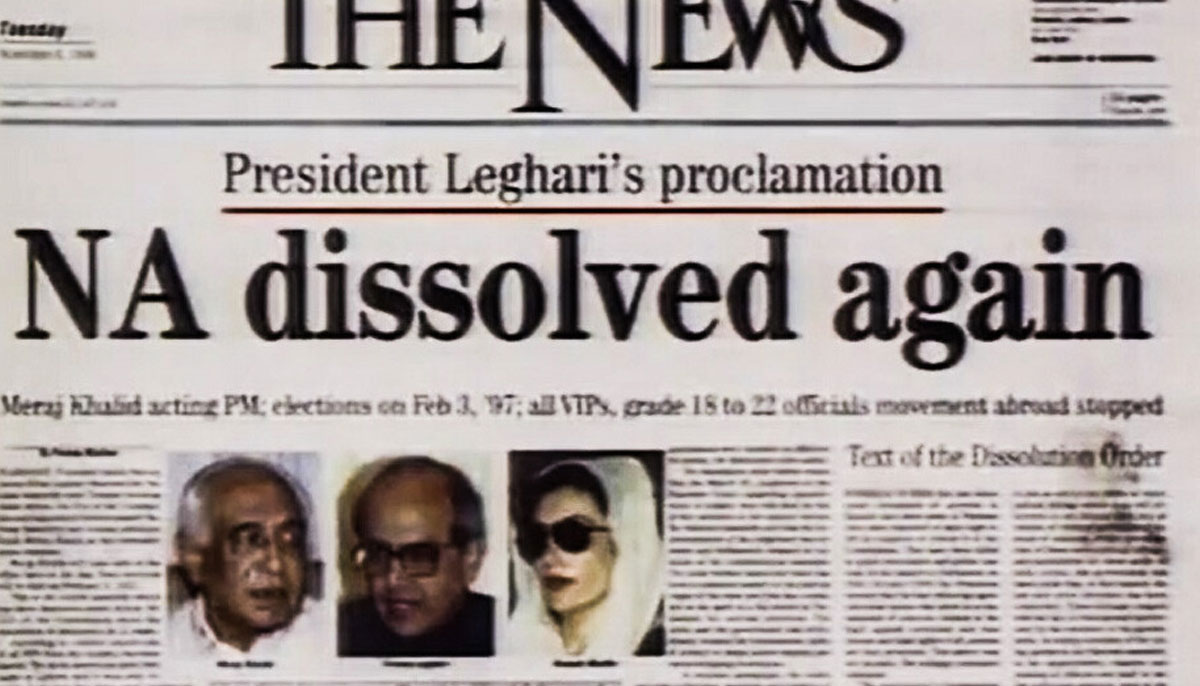 Newpaper report on dismissal of PPP government by Presidnet Farooq Leghari in 1996. — The News
