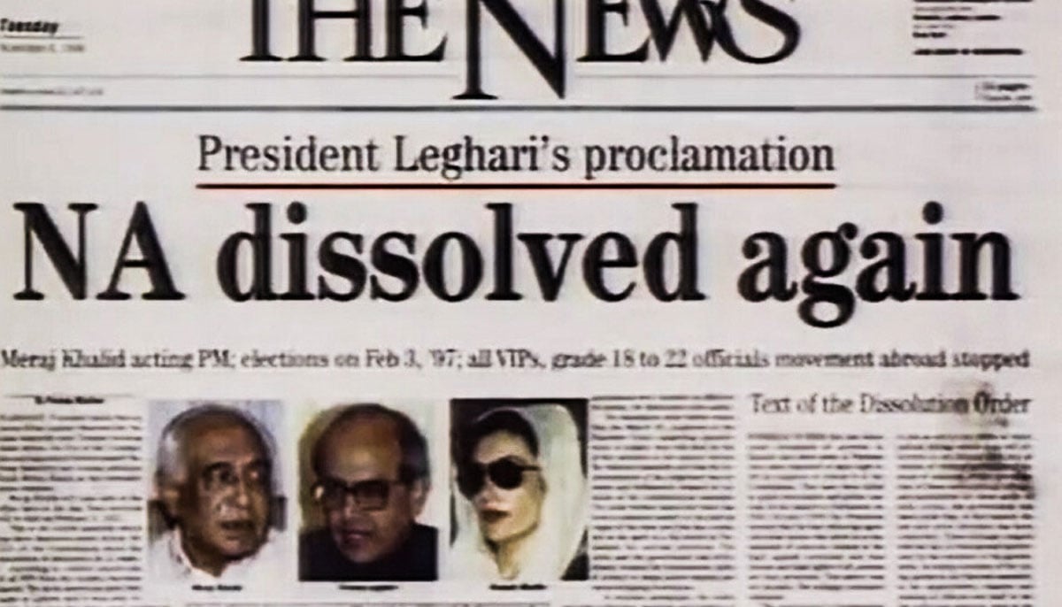 Newspaper report on the dismissal of the PPP government by President Farooq Leghari in 1996. — The News