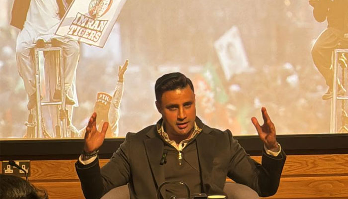 PTI leader and former minister of overseas Pakistanis Zulfi Bukhari speaking at Oxford Majlis in UKs Oxford University on January 25, 2024. — X/@sayedzbukhari