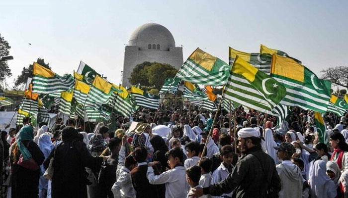 The Kashmir Solidarity Day is being observed with a demonstration at the mausoleum of Quaid-e-Azam Muhammad Ali Jinnah, Karachi. — AFP