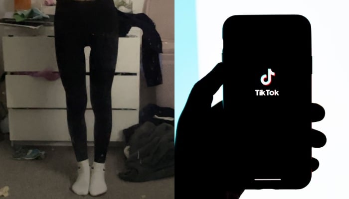 This combination of images shows a woman with Legging Legs and the TikTok icon displayed on a phone held in a persons hand. — X/@taylorscoast, Unsplash