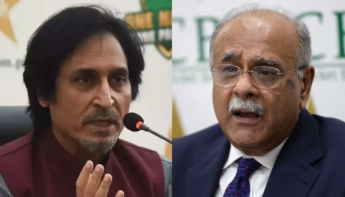 Former PCB chiefs Ramiz Raja (left) and Najam Sethi. — Reuters/File