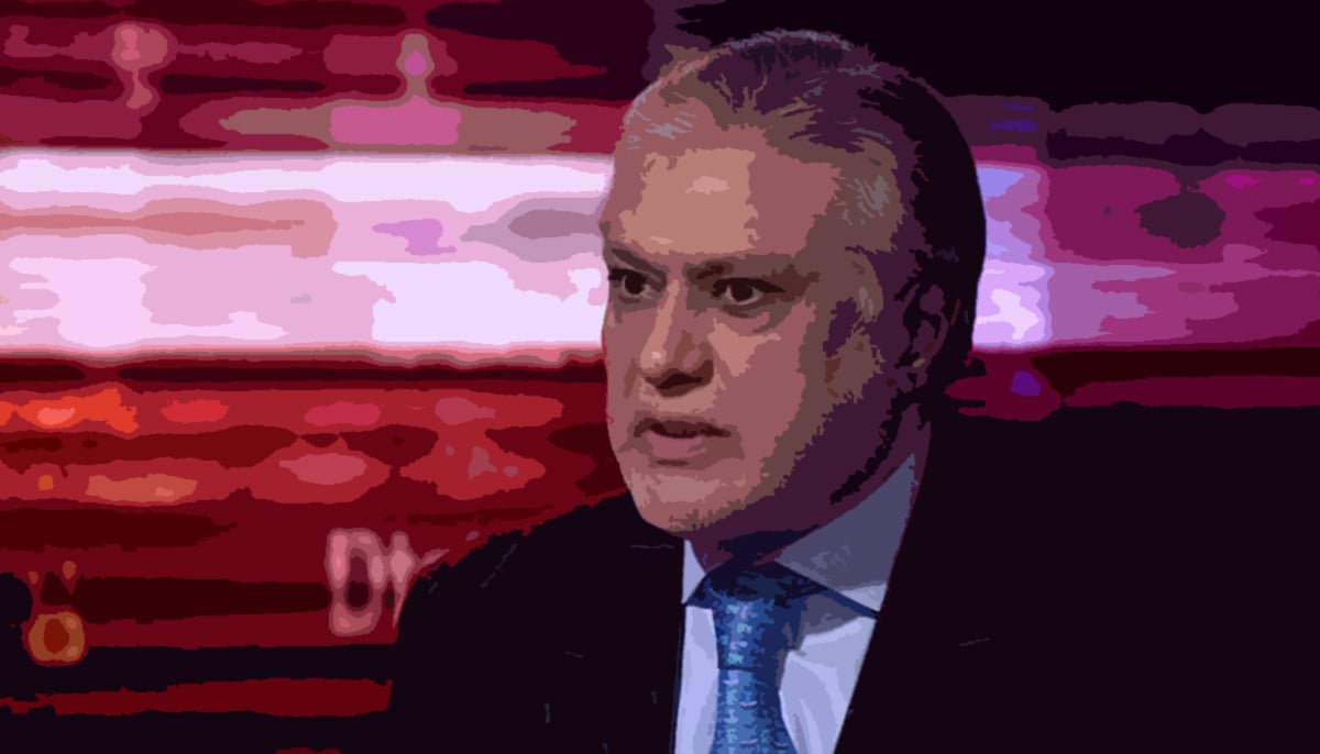 In this illustration, former finance minister Ishaq Dar can be seen during an interview.