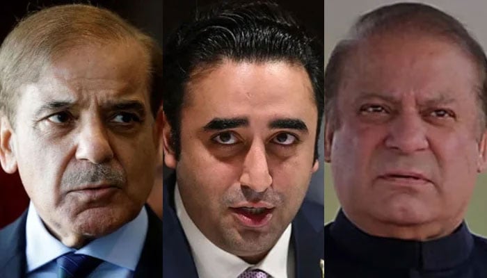 (From left to right) PML-N President Shehbaz Sharif, PPP Chairman Bilawal Bhutto-Zardari and three-time former prime minister Nawaz Sharif. — AFP/File