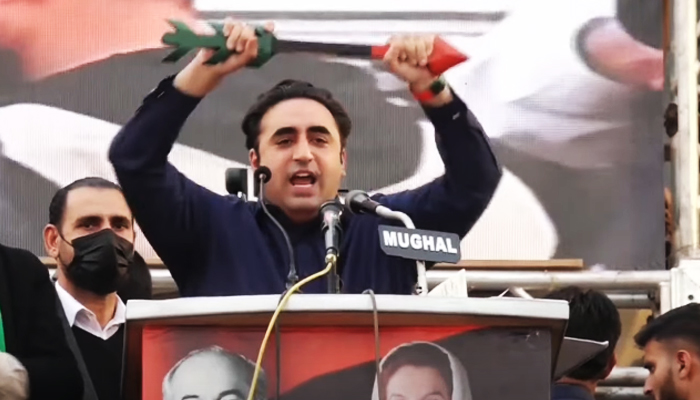 PPP Chairman Bilawal Bhutto-Zardari addressing a rally in Rawalpindi on January 28, 2024, in this image taken from video.  — YouTube/GeoNews