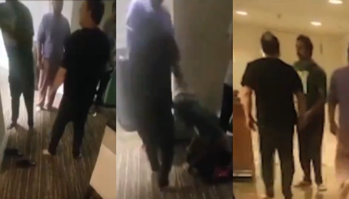 The picture shows Pakistani singer Rahat Fateh Ali Khan beating a man. — X/@Rafay_Mahmood