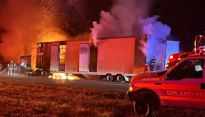 Flames and smoke billows out of the semi-truck which was carrying the circus animals on Interstate 69, in Marion, Indianapolis on January 27, 2024. — Facebook/Grant County Sheriffs Office