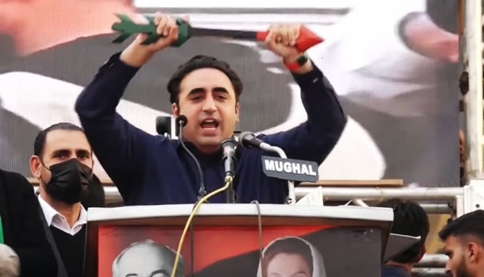 PPP Chairman Bilawal Bhutto-Zardari addressing public rally in Rawalpindi on January 28, 2024 in this still taken from a video. — YouTube